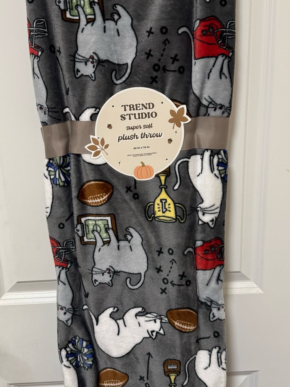 Gray Plush Throw with White Cat Print and Footballs